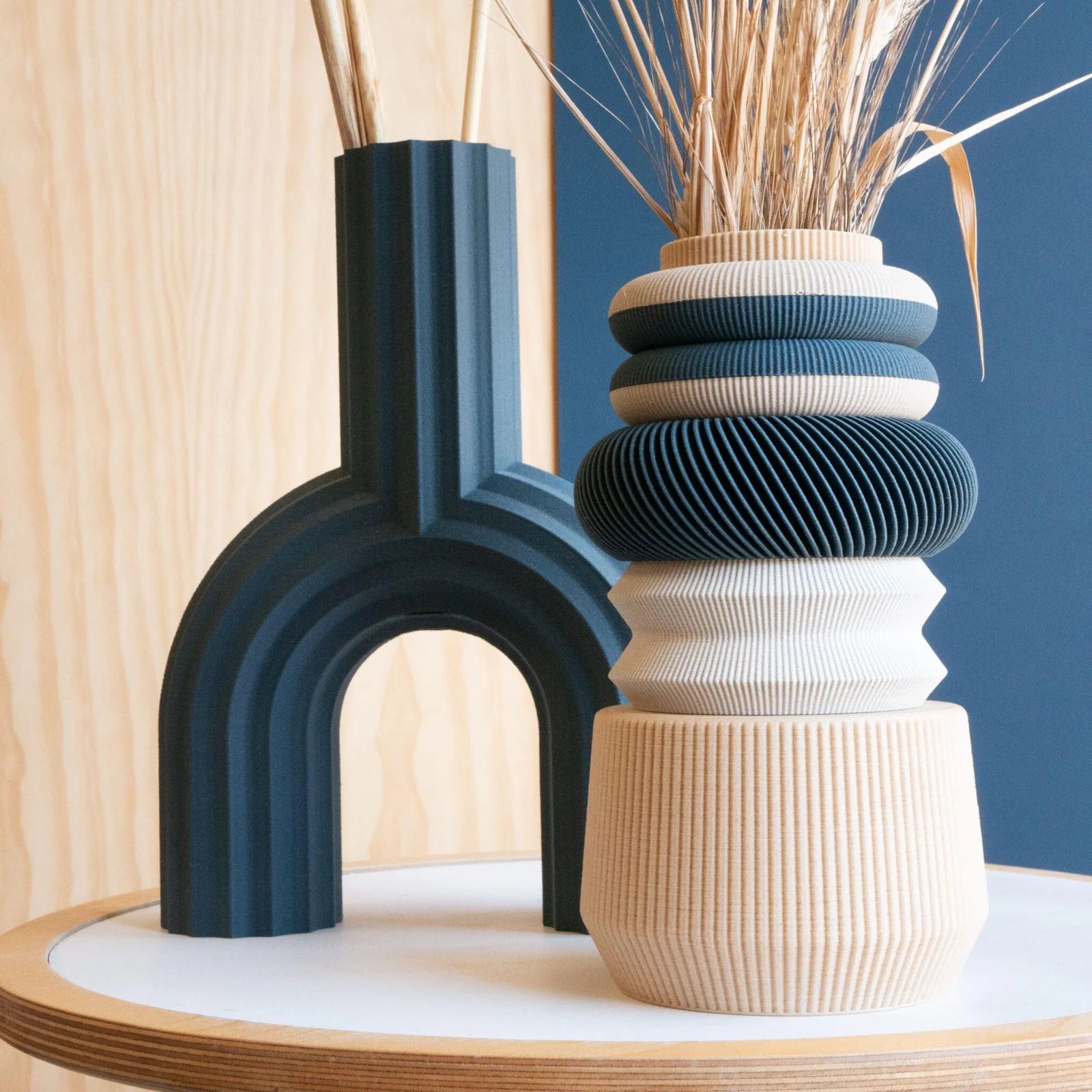 MINIMUM DESIGN - Vase Modulaire - Lagune - Bleu indigo et bois naturel